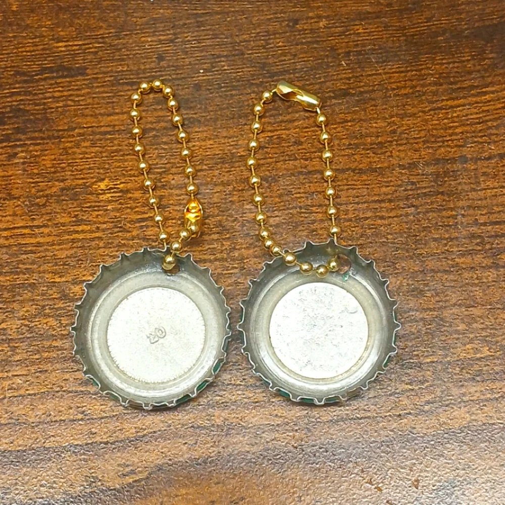 Lot of 2 Leinenkugel's Indian Maiden Keychains, Vintage Bottle Cap Crowns